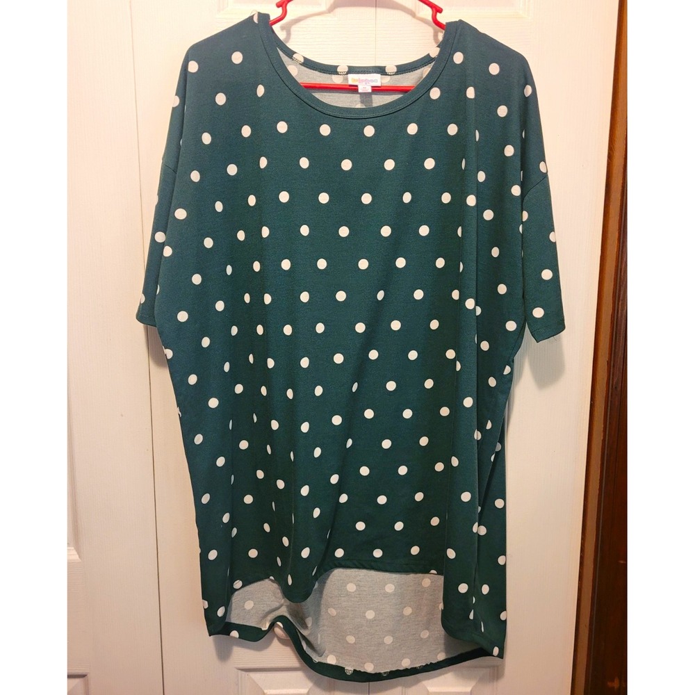 LuLaRoe Polka Dot Tunic T-Shirt Womens M Green White Round Neck Short Sleeve